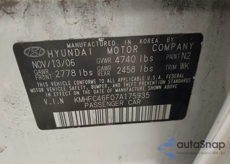 2007 Hyundai Azera Limited/Se из США, поврежденный, VIN KMHFC46F07A175935